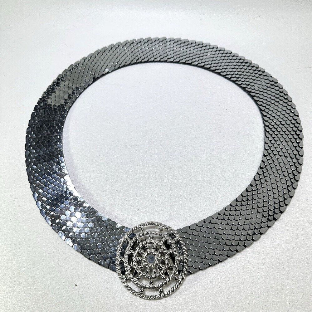 Vtg Silver Tone Waist Belt Women XL Rope Disc Stretch Shiny Snake Metal Hook